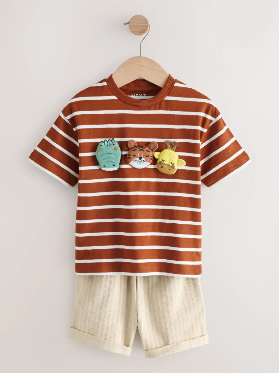 Shorts*Next - Set van T-shirt met korte mouwen en short (3 mnd-7 jr) Rust Brown Stripe Padded Animals