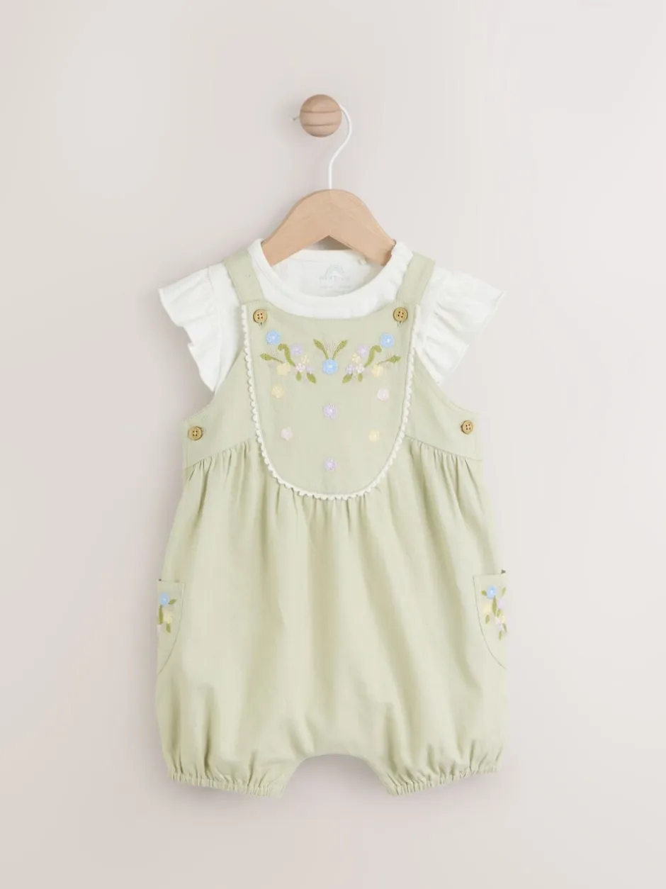 Tuinbroeken*Next - Korte mouwen 100% katoenen rompertje en bretelbroek voor baby's set (0 mnd - 2 jr) Saliegroen geborduurd bloemenmotief
