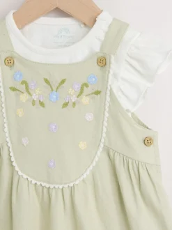 Tuinbroeken*Next - Korte mouwen 100% katoenen rompertje en bretelbroek voor baby's set (0 mnd - 2 jr) Saliegroen geborduurd bloemenmotief