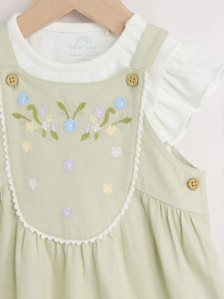 Tuinbroeken*Next - Korte mouwen 100% katoenen rompertje en bretelbroek voor baby's set (0 mnd - 2 jr) Saliegroen geborduurd bloemenmotief