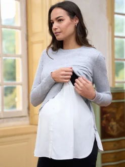 Gebreide Kleding|Moederschap*Seraphine katoenen blend zwangerschaps- en borstvoedingsshirt en trui