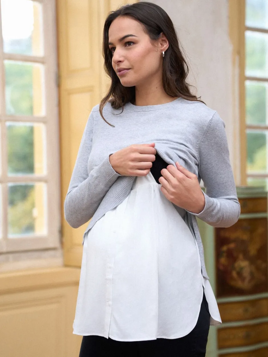 Gebreide Kleding|Moederschap*Seraphine katoenen blend zwangerschaps- en borstvoedingsshirt en trui