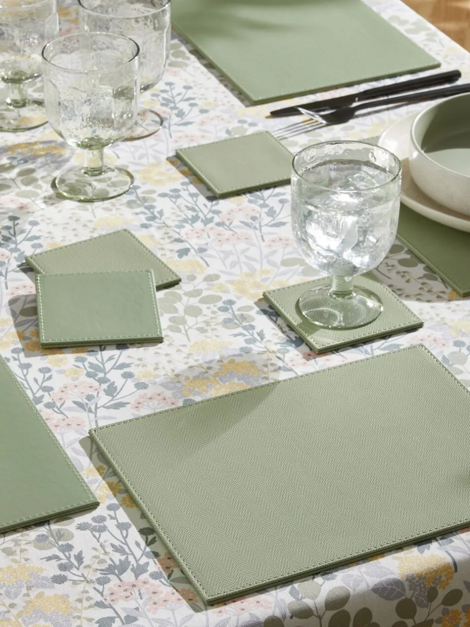 Tafellinnen En Placemats |Next Set van 4 rechthoekige omkeerbare imitatieleren placemats en onderzetters Grijs-groen