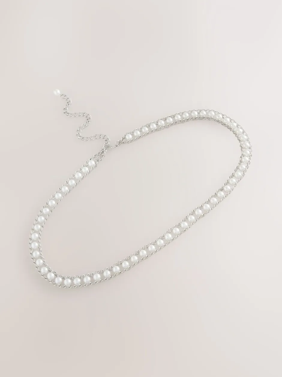 Ceintuurs|Next - Kettingriem Silver Tone Pearl Bead
