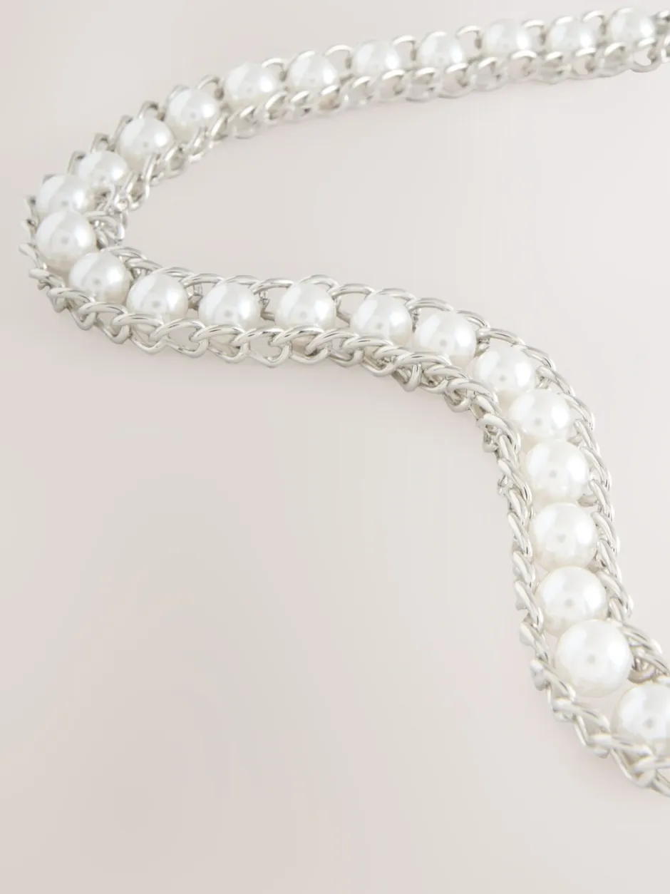 Ceintuurs|Next - Kettingriem Silver Tone Pearl Bead