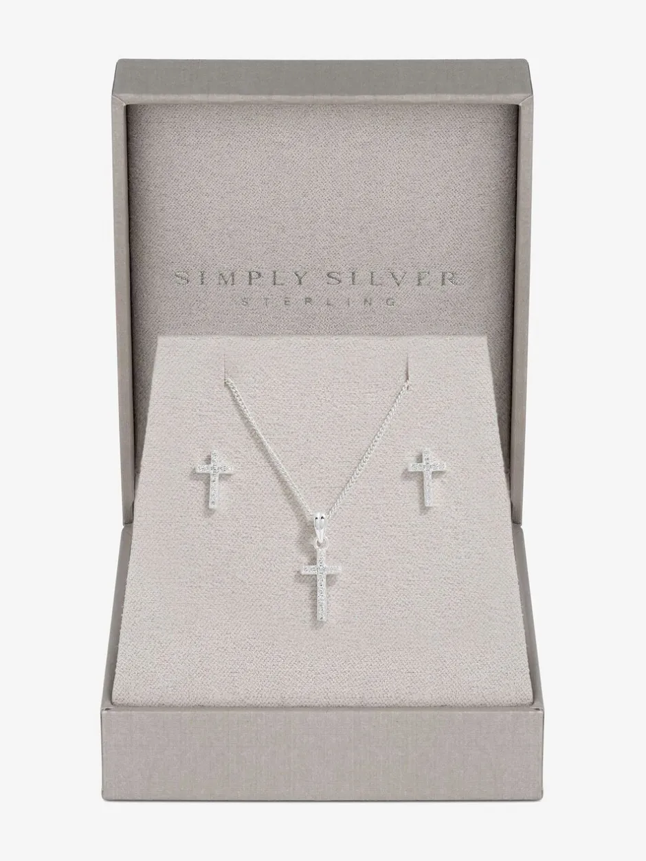 Sieraden|Simply Silver 925 Cubic Zirconia kruis set met geschenkverpakking