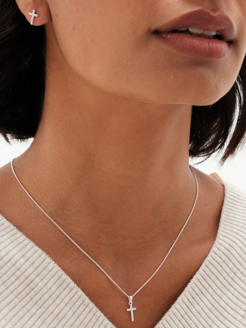 Sieraden|Simply Silver 925 Cubic Zirconia kruis set met geschenkverpakking