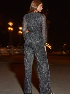 Jumpsuits En Playsuits|Sosandar glitter plissé jumpsuit met overslag en wijde pijpen