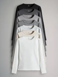 Tops En T-Shirts*The Set - - 7 T-shirts met lange mouwen en ronde hals Strepen/Zwart/Grijs/Wit