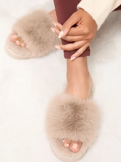 Pantoffels*Lipsy - pantoffels van imitatiebont met plateauzool voor nachtkleding Taupe