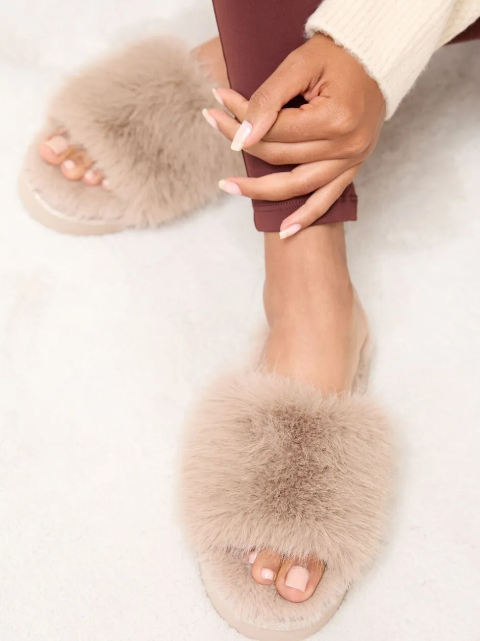 Pantoffels*Lipsy - pantoffels van imitatiebont met plateauzool voor nachtkleding Taupe