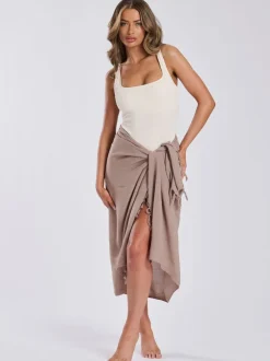 Mutsen, Handschoenen En Sjaals|South Beach Taupe - - Gekreukte viscose sarong-tuniek met franje