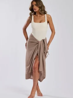 Mutsen, Handschoenen En Sjaals|South Beach Taupe - - Gekreukte viscose sarong-tuniek met franje
