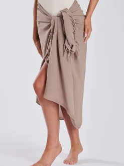 Mutsen, Handschoenen En Sjaals|South Beach Taupe - - Gekreukte viscose sarong-tuniek met franje