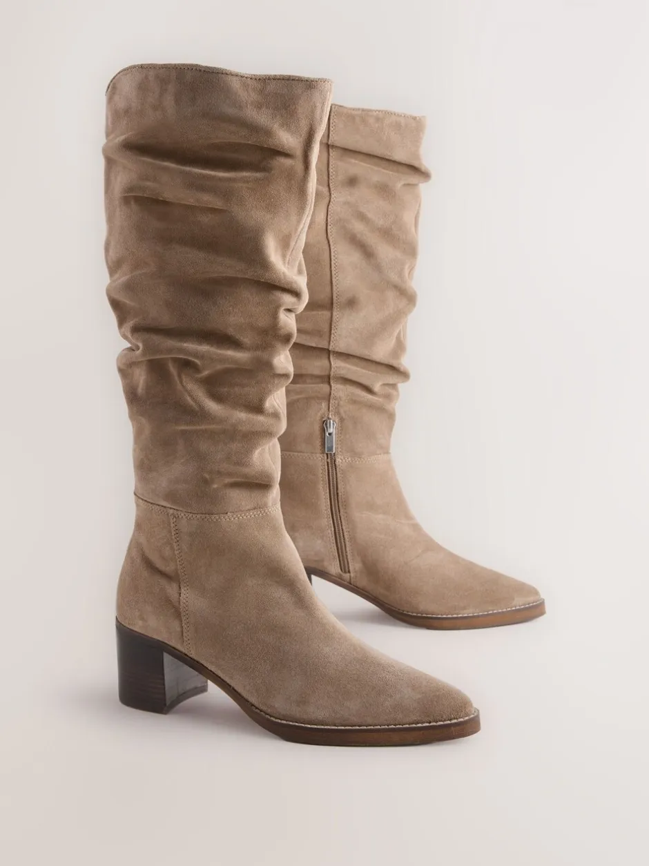 Ruimvallend En Extraruimvallend|Boots|Next - Forever Comfort® Slouchy Knee High Block Heeled Boots Taupe Brown Suede