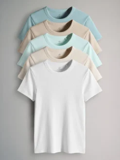 Tops En T-Shirts*The Set Taupe Brown/Light Brown/Blue/Light Blue/Cream - 5 Pack Korte Mouw Geribd T-shirt