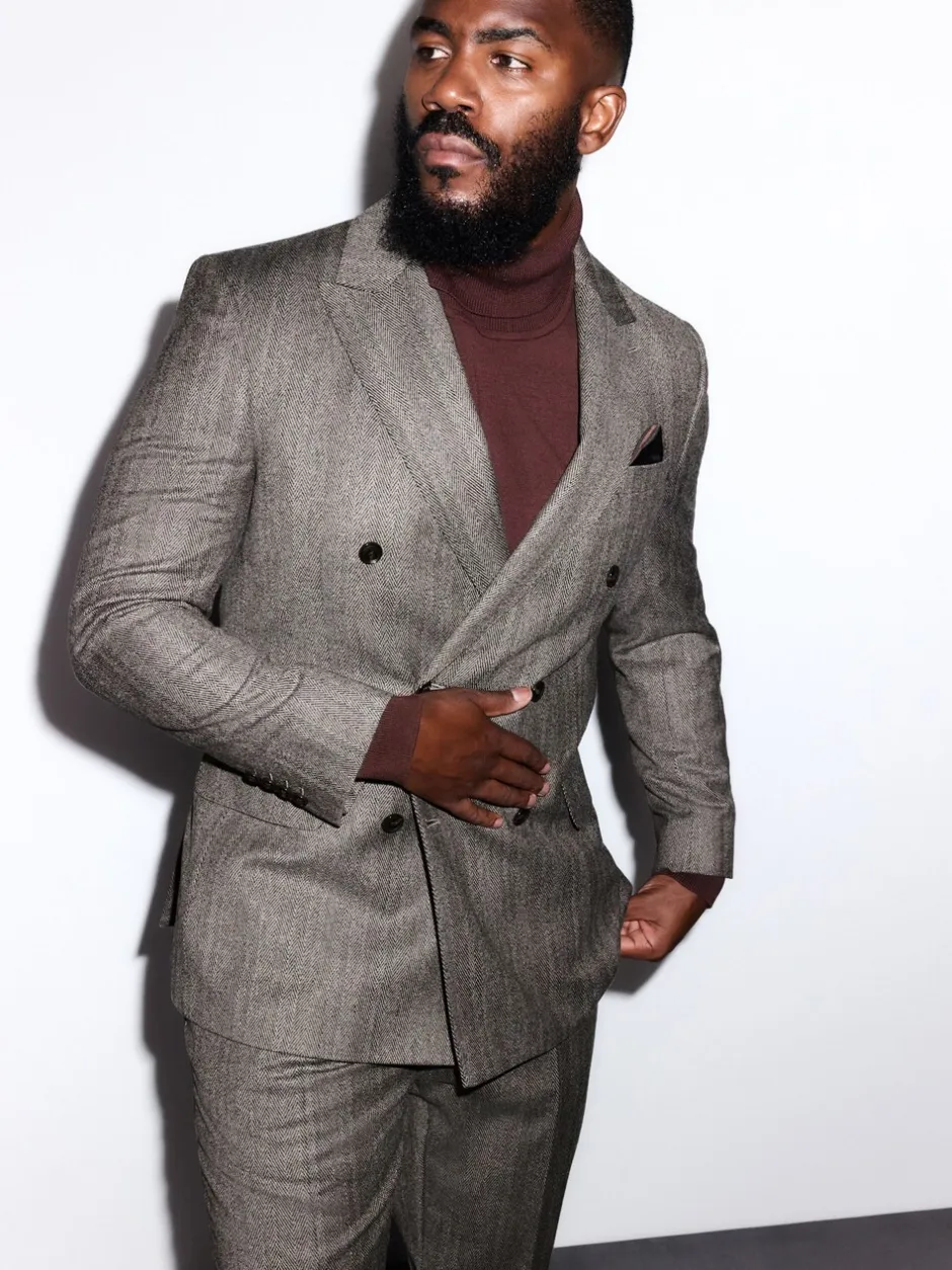 Pakken*Next Taupe bruin - Double Breasted Signature Marzotto 100% Italian Wool Herringbone Suit Jacket
