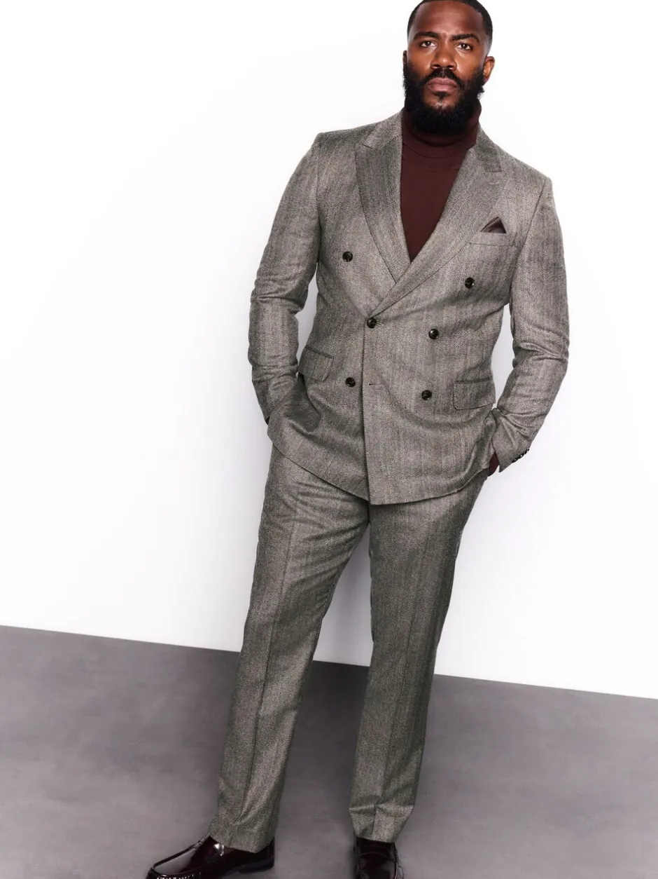 Pakken*Next Taupe bruin - Double Breasted Signature Marzotto 100% Italian Wool Herringbone Suit Jacket