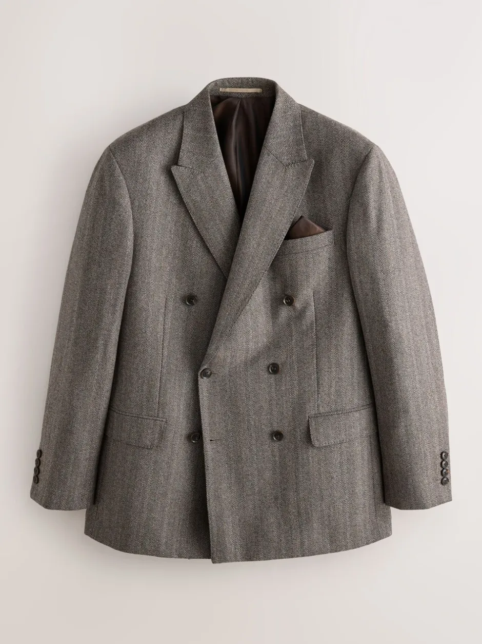 Pakken*Next Taupe bruin - Double Breasted Signature Marzotto 100% Italian Wool Herringbone Suit Jacket