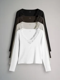 Tops En T-Shirts*The Set 4 Pack Long Sleeve V-Neck Ribbed Lace Trim T-Shirt