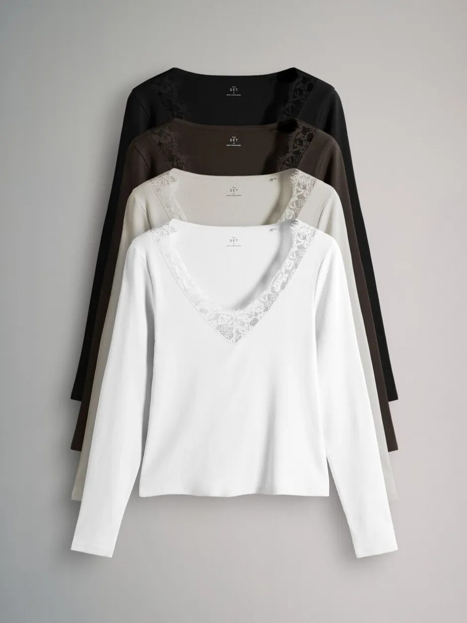 Tops En T-Shirts*The Set 4 Pack Long Sleeve V-Neck Ribbed Lace Trim T-Shirt