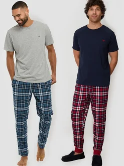 Pyjama's|Threadbare Short Sleeve T-Shirt & Check Trousers Pyjamas Set 2 Pack