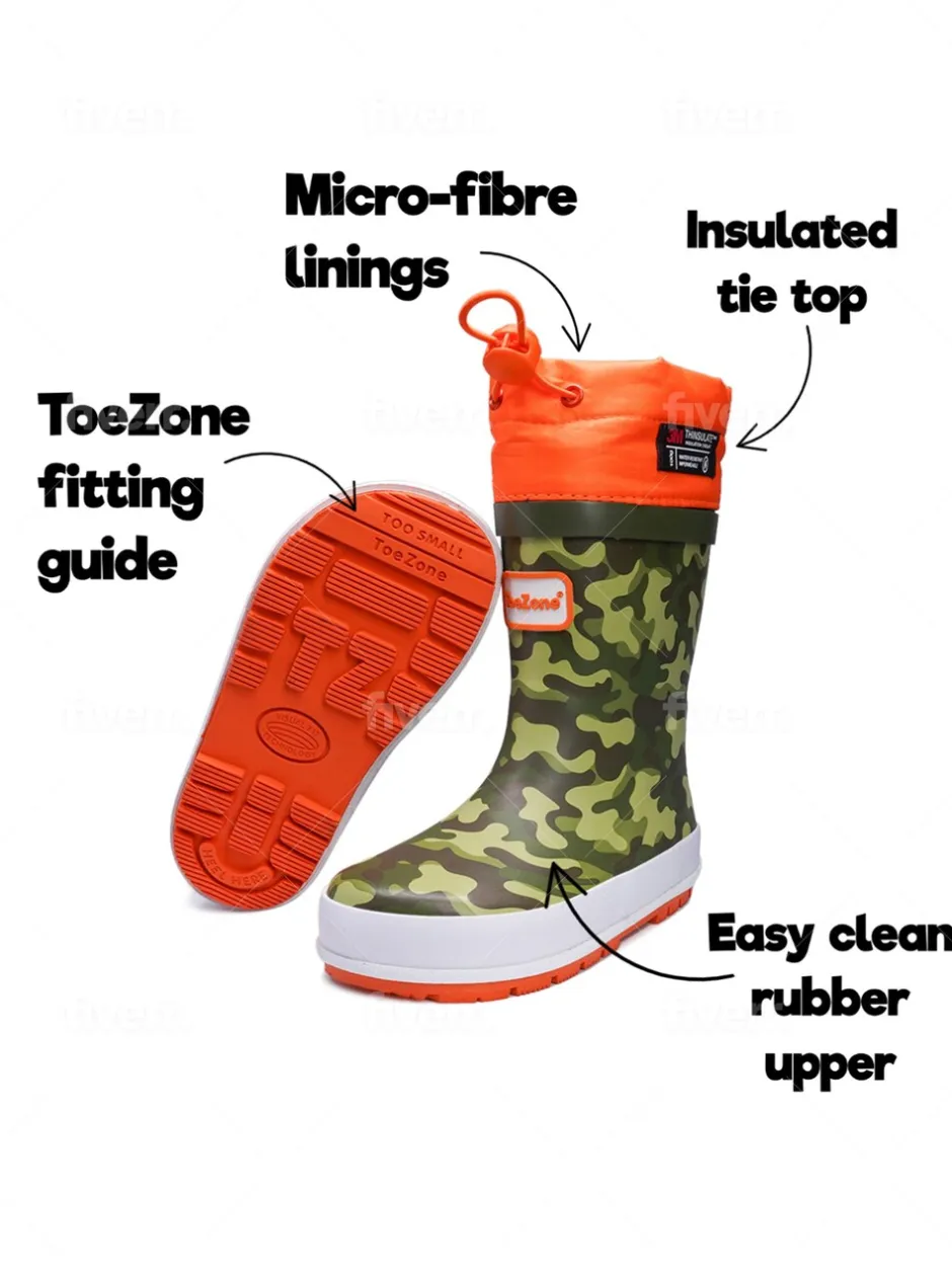 Laarzen|Toezone - Oranje regenlaarzen met camouflageprint en gestrikte bovenkant