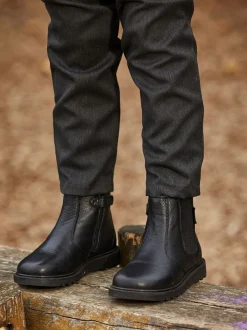 Boots*Toezone Dakota Boys leren elastische inzet en zwarte enkellaarzen met rits