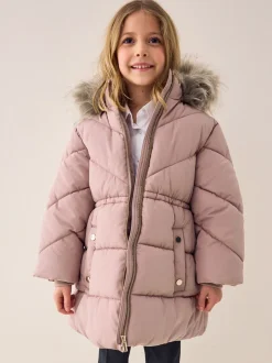 Schoolkleding|Jassen En Jacks*Next - Regenbestendige gewatteerde jas met imitatiebontrand (3 - 16 jr) Toffee met roze