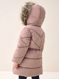 Schoolkleding|Jassen En Jacks*Next - Regenbestendige gewatteerde jas met imitatiebontrand (3 - 16 jr) Toffee met roze