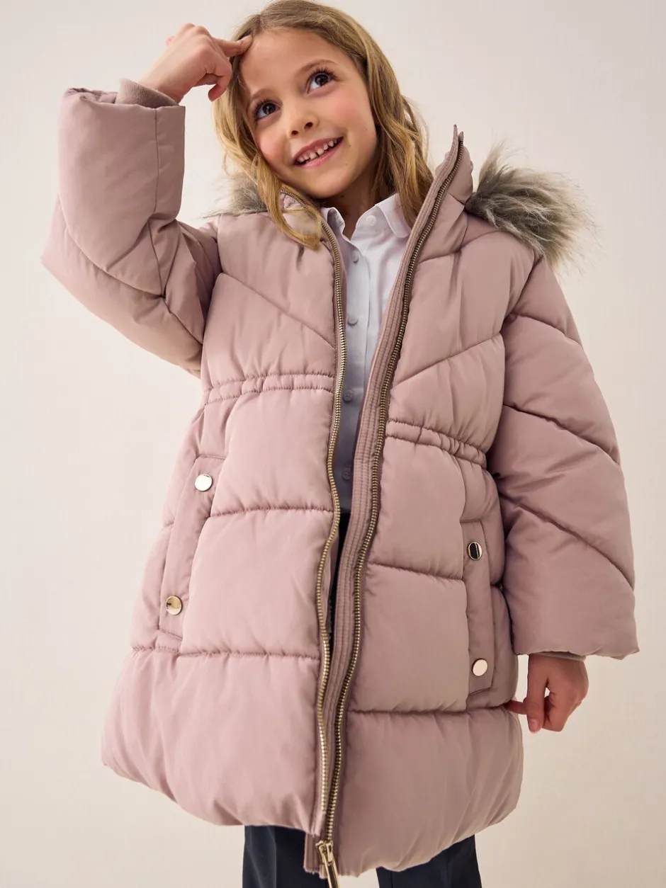 Schoolkleding|Jassen En Jacks*Next - Regenbestendige gewatteerde jas met imitatiebontrand (3 - 16 jr) Toffee met roze