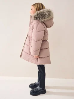 Schoolkleding|Jassen En Jacks*Next - Regenbestendige gewatteerde jas met imitatiebontrand (3 - 16 jr) Toffee met roze