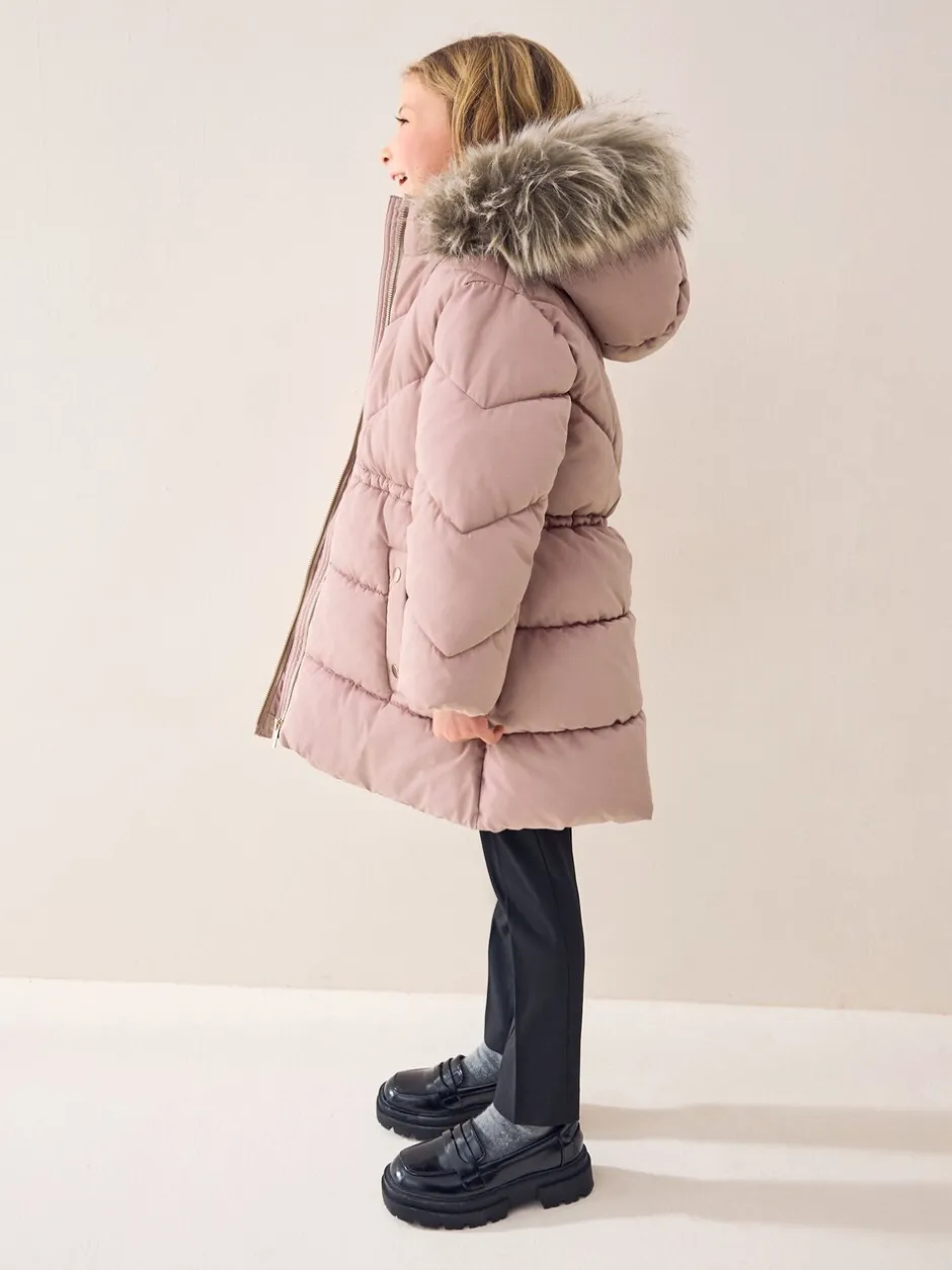 Schoolkleding|Jassen En Jacks*Next - Regenbestendige gewatteerde jas met imitatiebontrand (3 - 16 jr) Toffee met roze