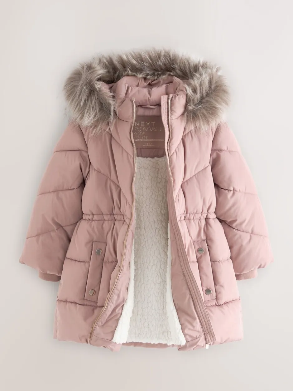Schoolkleding|Jassen En Jacks*Next - Regenbestendige gewatteerde jas met imitatiebontrand (3 - 16 jr) Toffee met roze