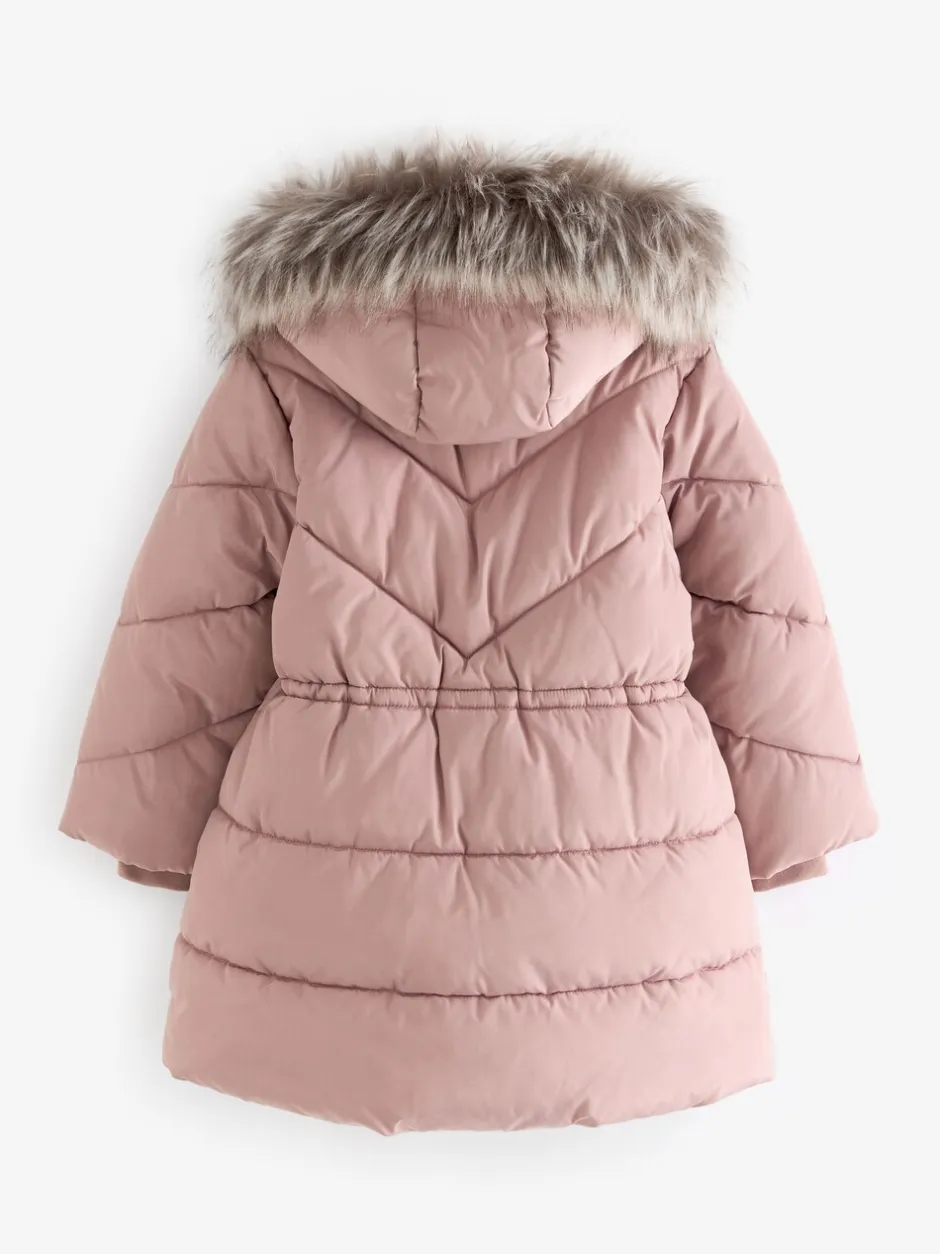 Schoolkleding|Jassen En Jacks*Next - Regenbestendige gewatteerde jas met imitatiebontrand (3 - 16 jr) Toffee met roze