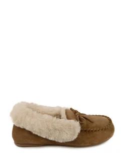 Pantoffels|Totes - Isotoner - Echt suède moccasinpantoffels met imitatiebontvoering voor dames