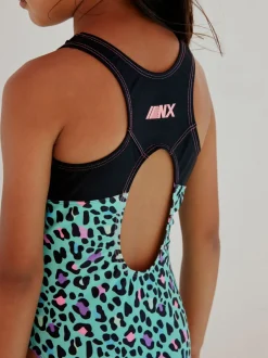 Badkleding|Next - Sports Open Back Swimsuit (3-16yrs) Turquoise met dierenprint