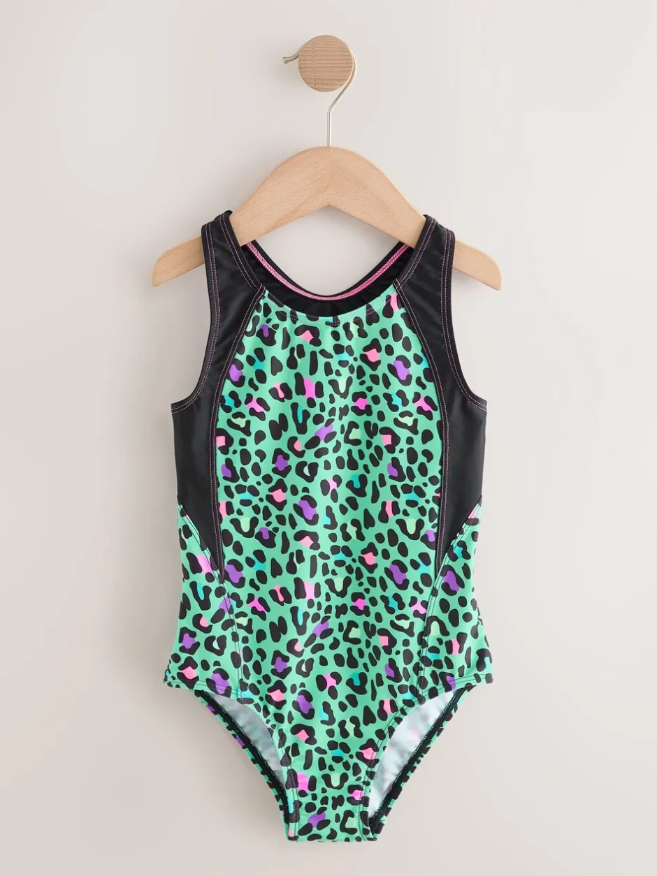 Badkleding|Next - Sports Open Back Swimsuit (3-16yrs) Turquoise met dierenprint