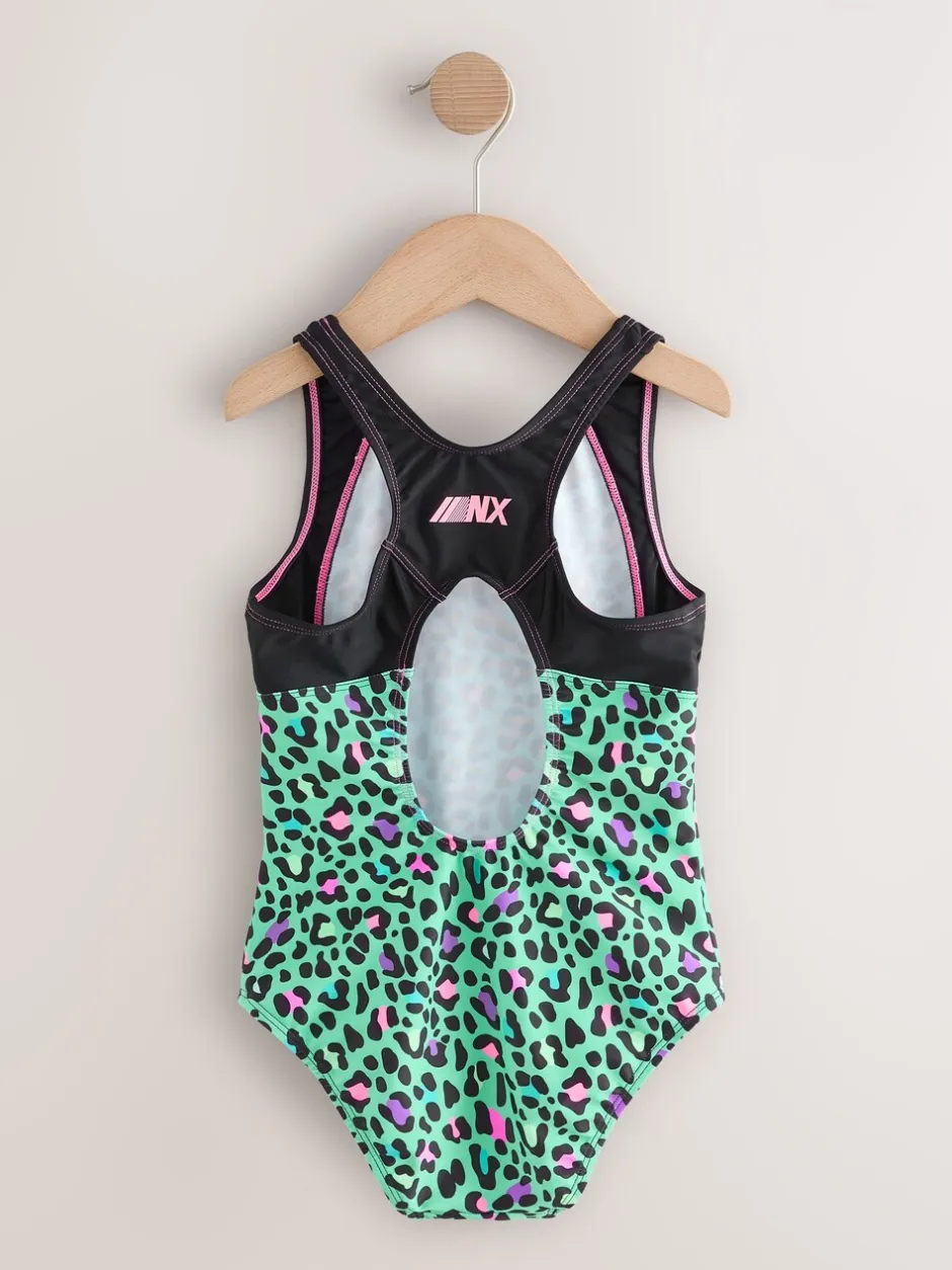 Badkleding|Next - Sports Open Back Swimsuit (3-16yrs) Turquoise met dierenprint