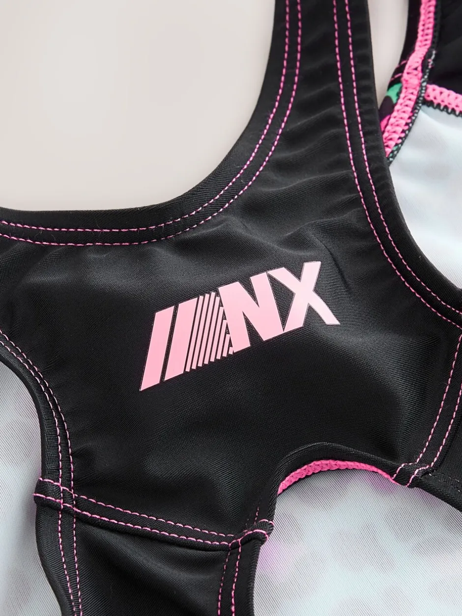 Badkleding|Next - Sports Open Back Swimsuit (3-16yrs) Turquoise met dierenprint