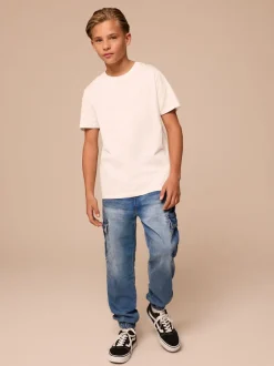 Jeans|Next - Cargo jeans met elastische taille (3-16 jr) Vintage blauw