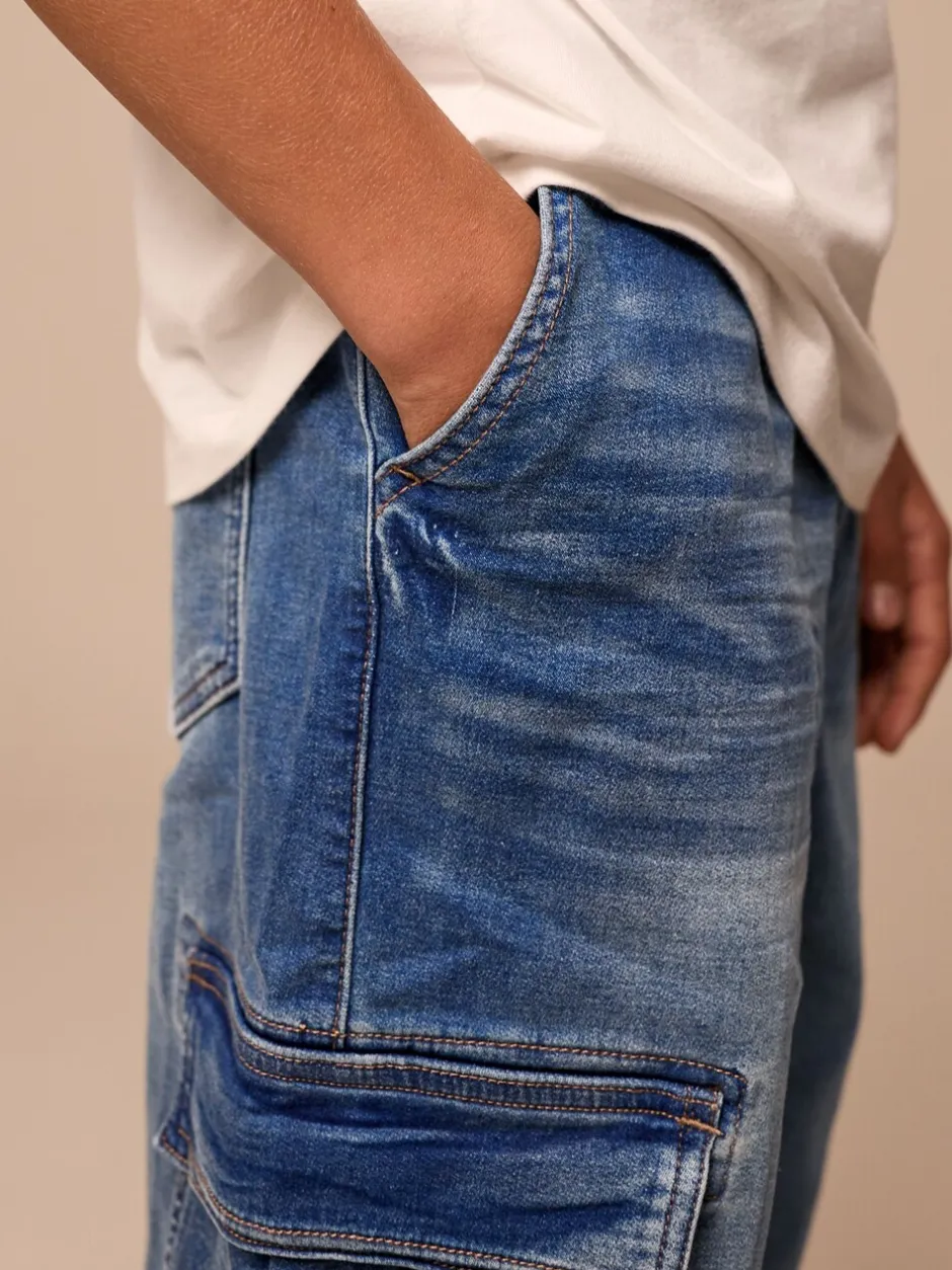 Jeans|Next - Cargo jeans met elastische taille (3-16 jr) Vintage blauw