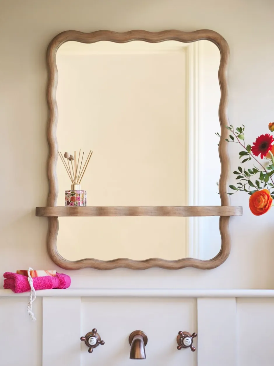 Spiegels|Badkameraccessoires|Next Wavy Pine Wood Shelf Bathroom Wall Mirror