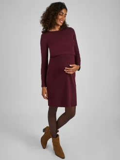 Jurken|Moederschap*Jojo Maman Bébé - Ribbed Mini Maternity & Nursing Dress Wijnrood