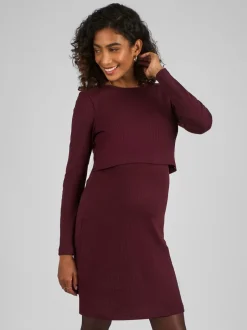 Jurken|Moederschap*Jojo Maman Bébé - Ribbed Mini Maternity & Nursing Dress Wijnrood