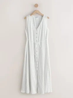 Jurken|Next Wit - Button Through Tie Waist Sleeveless Maxi Dress