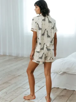 Pyjama's|Loungewear*Chelsea Peers - pyjamaset met korte broek en giraffenprint van katoen Wit