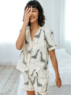 Pyjama's|Loungewear*Chelsea Peers - pyjamaset met korte broek en giraffenprint van katoen Wit