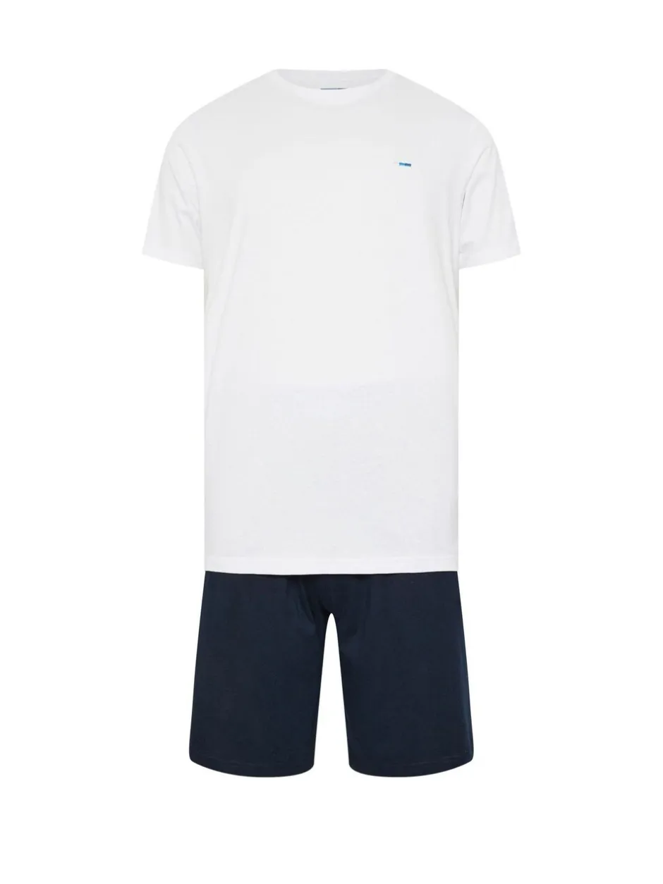 Pyjama's|Loungewear*BadRhino Big & Tall - Lounge 100% katoenen short en T-shirt set Wit / marineblauw