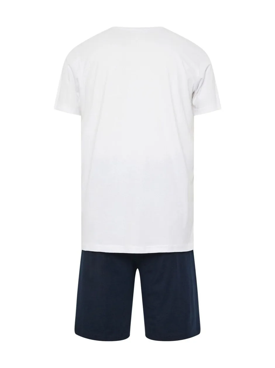 Pyjama's|Loungewear*BadRhino Big & Tall - Lounge 100% katoenen short en T-shirt set Wit / marineblauw